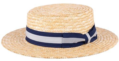 ZAKIRA Straw Boater Hat Handmade in Italy (Navy-Grey-Navy Band, M)
