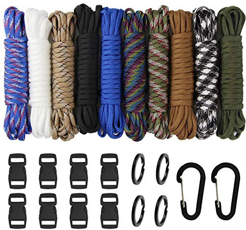 aufodara Kits de Paracord 100 pies 10 Colores Cuerda de Paracaídas con 8 Hebilla, 4 Anillo de Llavero y 2 Mosquetón para el Aire Libre, Camping, Trenzar Pulseras, Llavero y Collar Perro (D-24PCS)