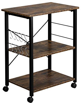 WEI WEI GLOBAL 3-Tier Kitchen Baker’s Rack, Microwave Stand Rolling Serving Cart, Industrial Storage Shelf Organizer w/ 10 Hooks & Wheels-Black Metal Frame, Rustic Brown