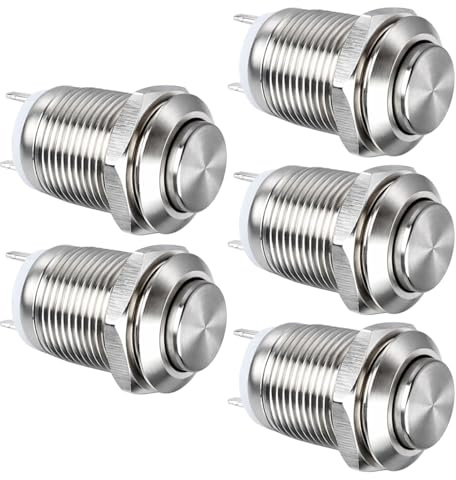 GUUZI Pulsante Momentaneo in Metallo Impermeabile da 12mm SPST NO Pulsante Momentaneo 2A 12V/24V/125V/250V Confezione da 5 (Testa Alta)