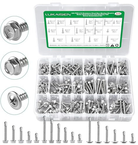 325 Stück Selbstschneidendes Schrauben-Sortiment-Set, Edelstahl-Senkkopf-Torx-Selbstbohrschrauben, Holz-Trockenbauschrauben mit Bohrer-M4.2/M4.8mm, 12mm/16mm/19mm/25mm/30mm/32mm/38mm-Silber