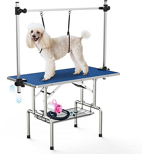 Lyromix 46''Large Dog Grooming Table, Adjustable Cat Drying Desktop with Arms, Nooses, Mesh Tray, Foldable Pet Station at Home, Maximum Capacity Up to 330Lb, 46inch, Blue