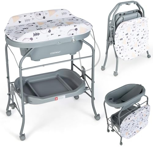 COSTWAY Bañera Bebe con Cambiador 4 en 1, Bandeja de Baño y 4 Ruedas Bloqueables, Cambiador Bebe Portátil y Plegable con Cesta de Almacenaje, Cojín Impermeable, Carga 35kg(Gris)