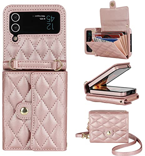 XIZYO Leder Crossbody Geldbörse Hülle für Samsung Galaxy Z Flip 3, Roségold