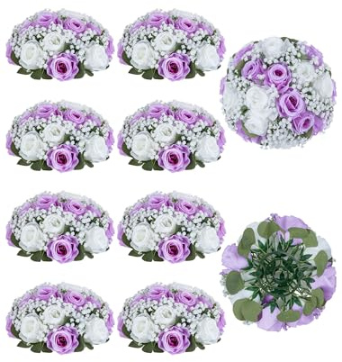 BLOSMON Fake Flowers Ball Wedding Centerpieces 10 Pcs Lilac Rose Babys Breath Artificial Flowers Center Pieces Decoration for Table Silk Kissing Floral Bouquet Arrangements for Home Party DIY Decor