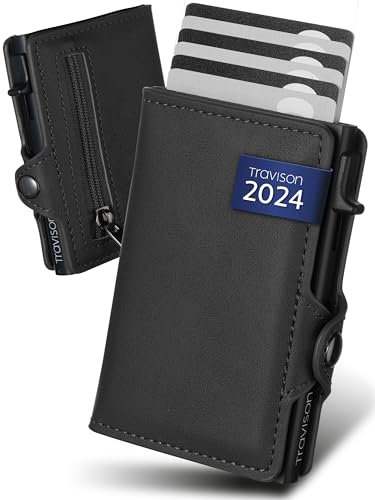 Travison® SMART Wallet mit Münzfach und Geldscheinfach - Kartenetui mit Münzfach und Schnellzugriff - RFID-Schutz - Herren Geldbörse klein - Kreditkartenetui - Geldbörse mini (Schwarz)