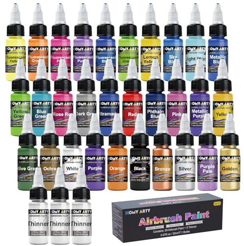HOMY ARTY Airbrush Paint - 30 Colors with 3 Thinner, Ready to Spray Airbrush Paint Set, Water-Based Acrylic Airbrush Paints for Metal, Plastic Models, Canvas, Wood, 20ml/Bottle