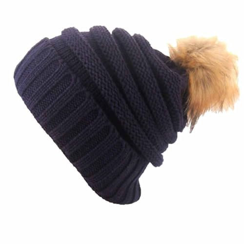 SHTGOI Damen Bommelmütze Chunky Weichen Strickmütze Warm Wintermütze mit Fellbommel Gestrickte Pudelmütze mit Wolle Gefütterte Strick Beanie Mütze für Frauen Herbst Winter Warme Outfits Blau#