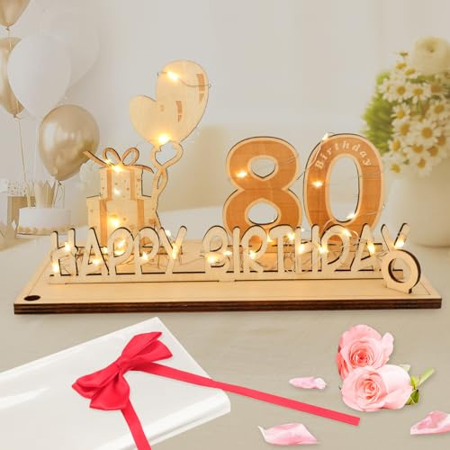 Regalos Originales de 80 Cumpleaños, Seutgjie Decoracion 80 Cumpleaños para Hombre Mujer con Tira de Luces LED y Libro de visitas para Aniversarios
