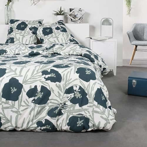 Today Parure De Lit Double en Coton Flanelle Imprimé Floral - Vert/Blanc- 240 X 260 Cm