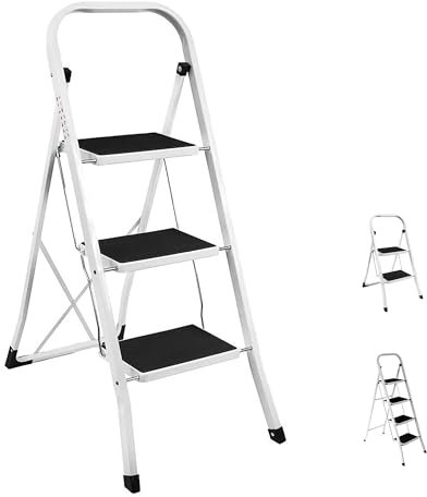 SG Traders 3 Step Ladder Folding Heavy Duty Steel Ladder Reach New Heights With Safe Durable Anti Slip Wide Tread Portable Mat Step Ladders Reliable Elevation Solution For Indoor Outdoor Stool (White)