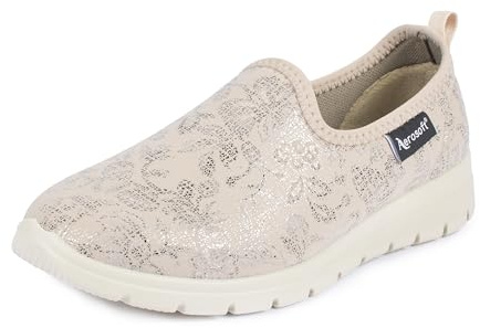 Aerosoft Ballerines élastiques pour femmes - Largeur 20 - Antidérapantes - Légères et souples, Fleur beige, 37 EU