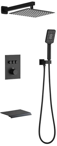XJTNLB Regendusche Set Unterputz mit Thermostat Wasserfall-Badewannenauslauf Armatur Dusche Set Einhebelmischer Dusche Duschbrause mit Schlauch,Schwarz