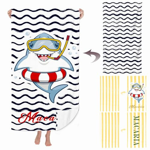 Fadaing Personalisiert Hai Strandtuch Mit Namen, Personalisierte Handtuch Badetuch Mit Namen Mikrofaser Strandtuch Groß 100x200cm Badetuch Blau Hai Für Kinder Junge Mädchen (1,50 x 100 cm)