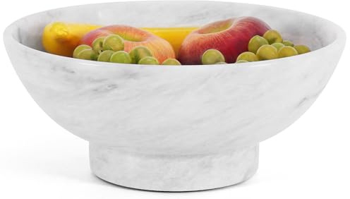 Marmor fruktskål 25 cm vit handgjord dekorativ skål för köksbänk och heminredning – serveringsskål för frukt, mellanmål, köksartiklar och inflyttningspresent.