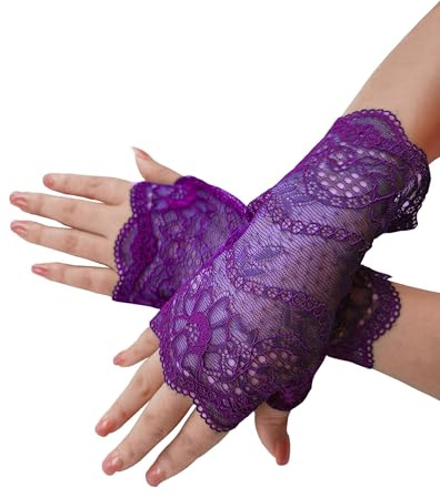 YHDDYG Guantes de encaje morado sin dedos para mujer, guantes cortos de encaje floral de los años 80, guantes de fiesta de té, guantes de encaje morado, guantes de encaje para mujer, disfraz S62,