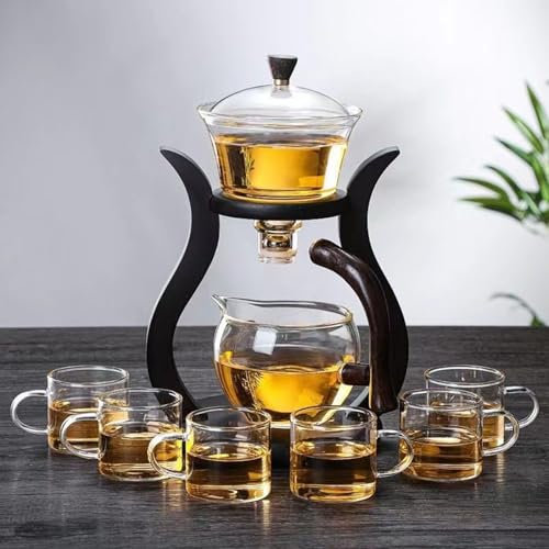 Gaxcent Lazy Kungfu Glas-Teeservice, Wasserumleitung, drehbare Abdeckung, Schüssel, halbautomatische Glas-Teekanne, Anzug (Kristallglas),Clear