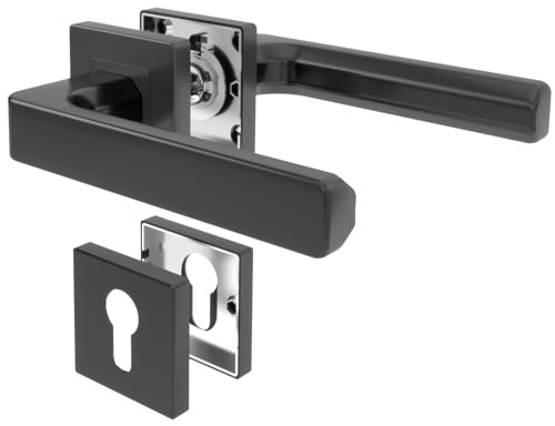 AwmnSrman Türgriffe Innentüren Schwarz CUBE Türklinke Türbeschlag Drückergarnitur Zimmertür Garnitur PZ - Profilzylinder Set 1er-Set Moderne Edelstahl 2 Türklinken & 2 Langschilder | Türgriff-Set mit Rosette Ø 54 mm Drückergarnitur Edelstahl Toilette Die Form von L-Form Moderne