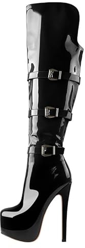 Meinabsatz Damen Plateau Stiefel High Heels Langschaft Overknee Boots Stilettos Reißverschluss Gothic Schnallen Lackoptik Schwarz 39 EU