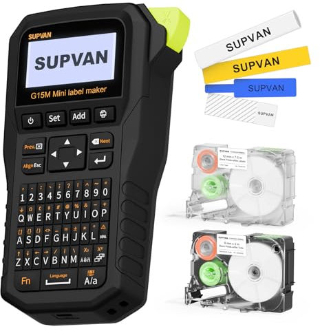 SUPVAN G15M Mini wiederaufladbarer Thermotransfer Etikettendrucker mit 2 Etiketten, Mindest 5 mm Randabstand, für Schrumpfschlauch & Kabel, perfekt für Außenbereich