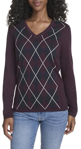 Tommy Hilfiger Womens Long Sleeve Cotton Argyle V-Neck Sweater, Aubergine/Sky Captain Multi, Small