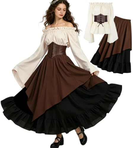 kasahara 5-delat set med medeltida kläder för kvinnor, retro off shoulder-blusklänning, renässansdräkt, viktoriansk maxidress med korsett, midjeväska, bälte, för karneval, maskerad (brun, storlek M)