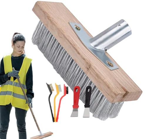 Patio Broom Besen aus robustem Edelstahl für die Reinigung im Freien, langlebige Metallborsten mit Holzgriffbuchse, ideal für PA-Oberflächen