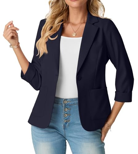 GRECERELLE Veste blazer pour femme élégante à manches 3/4 avec col à revers et col montant, veste de costume pour le travail et le bureau, cardigans avec poches et bouton pour dames, bleu marine, 38