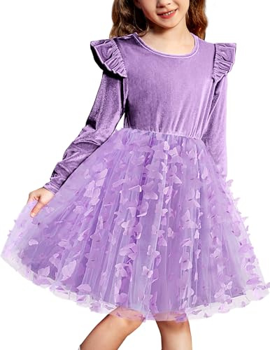 Arshiner Vestido de Terciopelo para Niña Morado Mariposas Vestido de Tul de Manga Larga para Cumpleaños Boda 3-4 Años