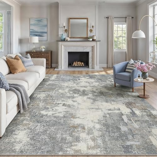 PureCozy Grand Tapis Salon 200x300cm Abstrait Lavable en Machine Antidérapant Poil Ras Doux Couleur Bleu Gris Tapis Chambre Adulte Moderne Salle à Manger Bureau Descente Carpt