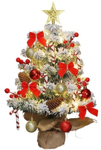 CLIUNT Mini Weihnachtsbaum mit Beleuchtung LED, 45cm Kleiner Weihnachtsbaum Tisch, Mini Tannenbaum mit Kunstschnee und Ornamenten, DIY Tannenbaum mit Weihnachtskugeln/Rote Beeren/Baumstern