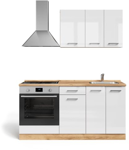 Vicco Singleküche R-Line, Weiß Hochglanz/Goldkraft Eiche, 160 cm