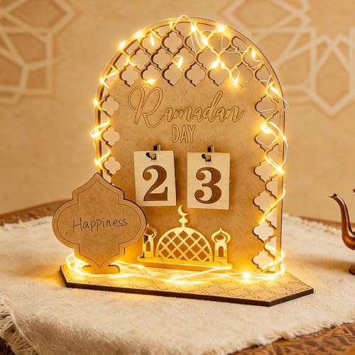 DAJASD Ramadan Kalender, Ramadan Deko Aus Holz Mit Led Lichterkette, Ramadankalender Kinder, Eid Mubarak Adventskalender, 30 Tage Countdown - Kalender Für Muslimische Ramadan Party Heimdekoration