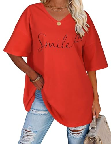 TOMEEK T Shirt Femme Été Col en V Manches Courtes T-Shirts Coton Imprimé Tee Grande Taille T-Shirt Femme Oversize Hauts Tops(Rouge,XXL)