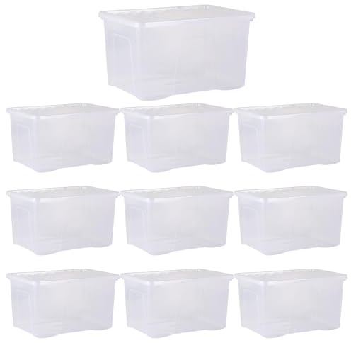 Homey Mart Set of 10 x 60 Litre Storage Box with Clip‑On Lid – Durable, Stackable High‑Quality Crystal Clear Plastic Container for Home, Office & Workplace Organisation (10)