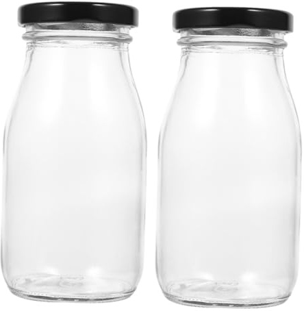 TOBBOMEY Botellas de Vidrio para Leche 200 Ml con Tapa Metálica Hermética, 2 Unidades, Recipientes Reutilizables Transparentes para Yogur, Jugo y Bebidas, Ideales para Almacenamiento