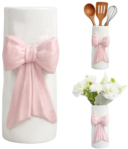 WADORN Handmade Pink Bow Ceramic Utensil Holder, 3D Coquette Cooking Utensil Crock for Kitchen Counter Unique Cute Modern Decorative Porcelain Vase for Countertop Women Home Living Room Table Decor
