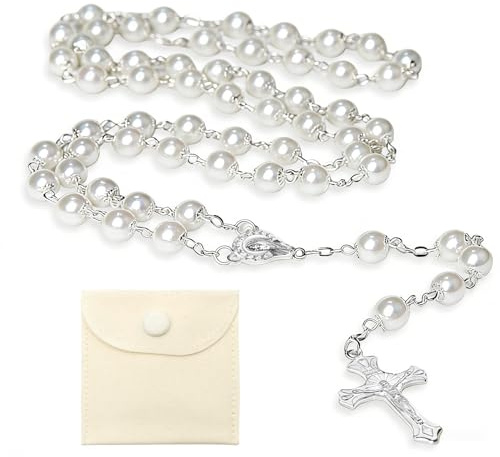 Hpbaggy Kommunion Rosenkranz Halskette Perlen Mit Samt Geschenkbeutel Katholisch Rosenkranz Kette Jesus Kreuz Gebetskette Christlich Rosary Chain Geschenke Für Frauen und Männer Mädchen Jungen