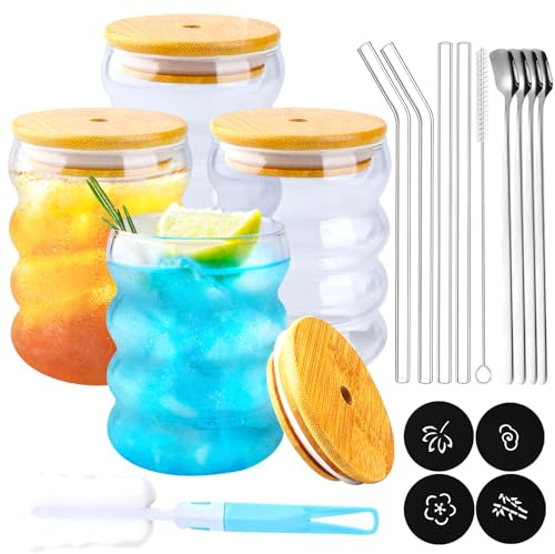 TEGOVE Tazas de Vidrio de Burbuja 350ml con Tapa y Cuchara, Vasos para Té, Café, Leche, Latte, Macchiato - Juego de 4 Piezas
