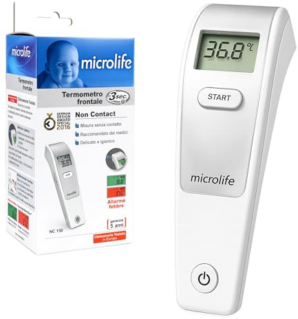 Termometro Frontale Infrarossi Senza Contatto – Misurazione 3 Secondi – Neonati Bambini Adulti – Allarme Febbre 37.5°C – Display LCD – Clinicamente Testato CE
