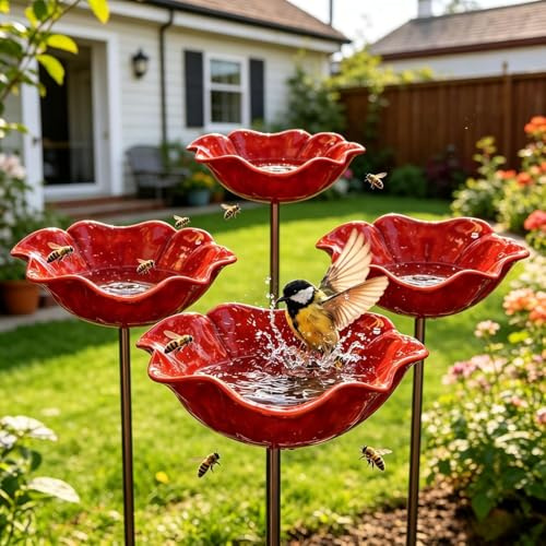 4 Stück Blumen Gartenstecker Metall,Bienen Vogeltränke für Garten Flower Garden Stake Bird Bath Insektentränke Bienentränke Blumenschale Vogelfutterstation Wasser Futterspender Gartendeko für Draußen