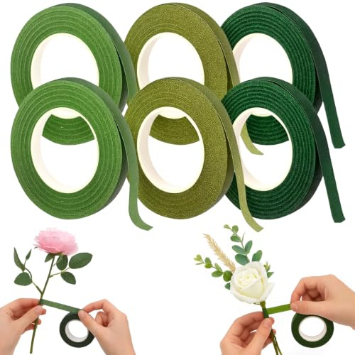 HAKACC 6 Rollen Floristenband Grün, 12mm X 27 M Floristenkrepp | Blumensträuße und Basteln, Selbsthaftendes Blumenband für DIY Projekte Floristik, und Hochzeit, Vielseitiges Klebeband für
