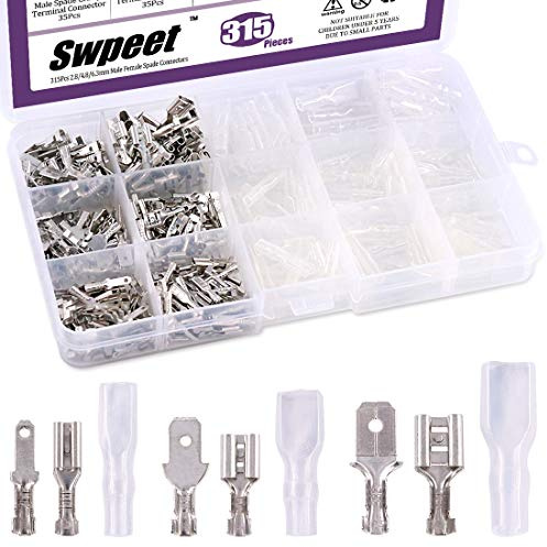 Swpeet 315 Stück 2,8/4,8/6,3 mm Steckerbuchse Flachsteckverbinder Drahtklemmenblock mit Isolierhülse Sortiment Kit perfekt für elektrische Verkabelung Auto Audio-Lautsprecher