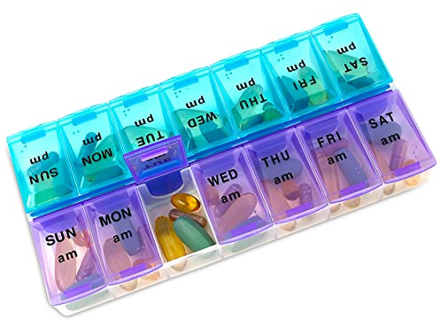 Wöchentlicher Pillendosierer - 7 Tage AM/PM zweimal täglich | Pillenplaner-Etui mit großem Fach | BPA-frei Reisemedizinbox für Medikamente, Vitamine & Fischöl Ergänzungsmittel