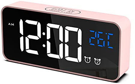 CHEREEKI Digitaler Wecker, LED Digitaluhr mit Temperaturanzeige Tragbarer Spiegelalarm Tischuhr mit 2 Alarmen 10 Alarmtöne USB Wiederaufladbar 4 Helligkeit und Lautstärke Regelbar, 12/24 Stunden