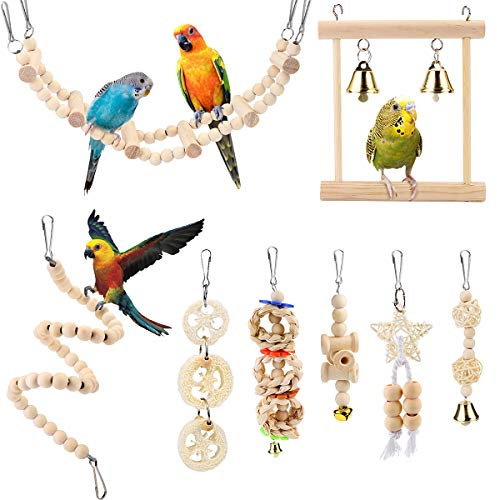 Vegena Vogelspielzeug, Vögel Holzleiter Spielzeug mit Landeplatz Vogelkäfig Zubehör für Wellensittich Papageien Graupapageien Nymphensittiche Finken Sittiche Kakadus Aras (Mehrfarbig (8stk.))