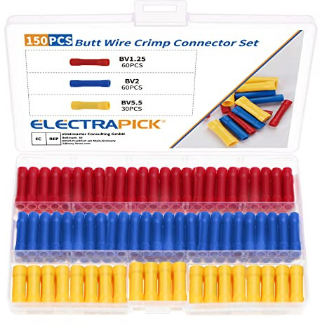 Electrapick 150Pcs Crimp Butt Connectors, Insulated Straight Electrical Connectors, Automotive Cable Crimp Terminals, Butt Splice Connectors(Blue/Red/Yellow)