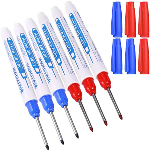 UNOLIGA 6pcs Pennarelli per Fori Profondi, Penna Falegname, Pennarello Indelebile a Punta Fine da 30 mm, Penna Marcatura per Segnare in Luoghi Profondi (Blu Rosso)