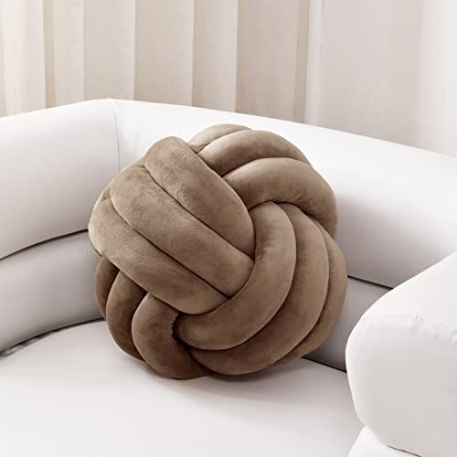 Sioloc Oreillers à nœud doux, coussin rond pour décoration de la maison, oreiller noué à la main (25,6 cm, marron)