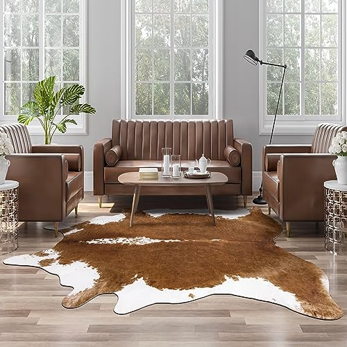 AROGAN Tappeto con stampa di mucca sintetica grande (1,2 x 0,9 m), con retro antiscivolo, grande tappeto in pelle di animale, per soggiorno, ufficio, decorazione della stanza, marrone
